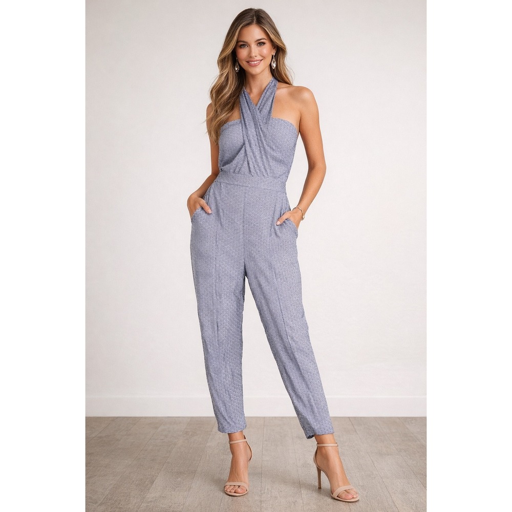 Gianni Bini Eloise Jumpsuit Navy Blue Geometric Halter Cross Front Size M NEW